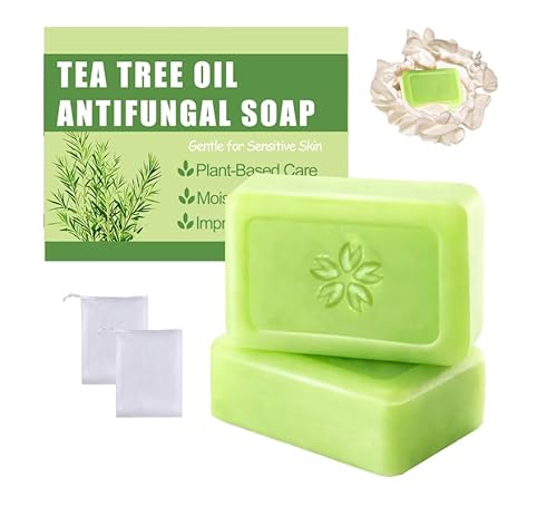 Tea Tree Oil Antifungal Soap，Pouch Lather Net ，Natural Organic Bath Soaps,Handmade Soap Bar for Face and Body，Cold Process, Soothing Hydrating Body Wash for Clear Healthy Skin（2PCS ）