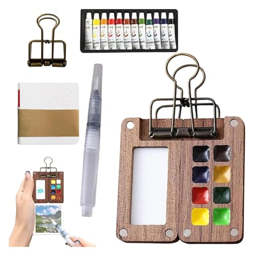 PcvGef 5 St&uuml;ck Mini Aquarell Set, Pocket Aquarell Set, Mini Aquarell Travel Set, Aquarellkasten, Ideal f&uuml;r K&uuml;nstler, Studenten und Reisen mit Aquarellpapier Journal, Aquarellpinsel Stiftel und Clip