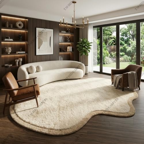 Image of Tauhid Carpet Modern Irregular Shape Shaggy Rug | Super Soft Microfiber Area Carpet for Living Room, Bedroom Designer Cloud Shape Ivory with Beige Border 6 x 8 Feet.