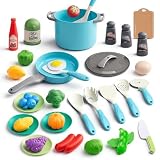 35Pcs Kids Kitchen Toy Accessories, Toddler Pretend Cooking Playset with Play Pots, Pans, Utensils, Cookware, Play Food Set, Toy Vegetables, Learning Gift for Girls & Boys (Turquoise)