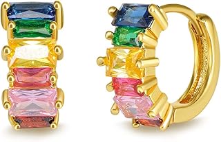Dainty Chunky Rainbow Cubic Zirconia 14K Gold Plated Small Cartilage Cuff Hoop Earrings for Women Teen Girls Fashion 925 Sterling Silver Post Multicolored CZ Tiny Round Circle Sleeper Tragus Thick Huggie Hoops Hypoallergenic Piercing Jewelry Gifts for Daughter Ornament Christmas Party Birthday 9mm