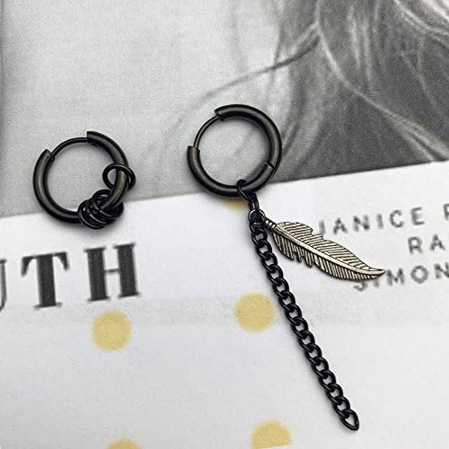 Feather Hoop Earrings For Men Women Teen Boys Girls With Chain Dangles Black 316L Titanium Stainless Steel Punk Hip Hop Rock Gothic Korean Style Variety Kpop Earrings Birthday Gift For Boyfriend Him #TOP4