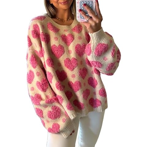 Women Valentines Day Sweater Long Sleeve Embroidery Heart Sweater Oversized Knitted Pullover Jumper Tops (Coral, XL) Cover