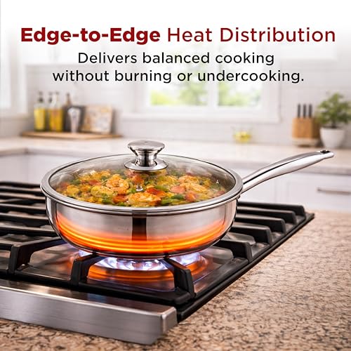 Image of PNB Triply Stainless Steel Frypan with Tempered Glass Lid | 26 cm 3 Litre | 3-Ply Induction Gas Compatible | PFOA Free | 5 Year Warranty | Large Frying Pan for Big Family & Party Cooking