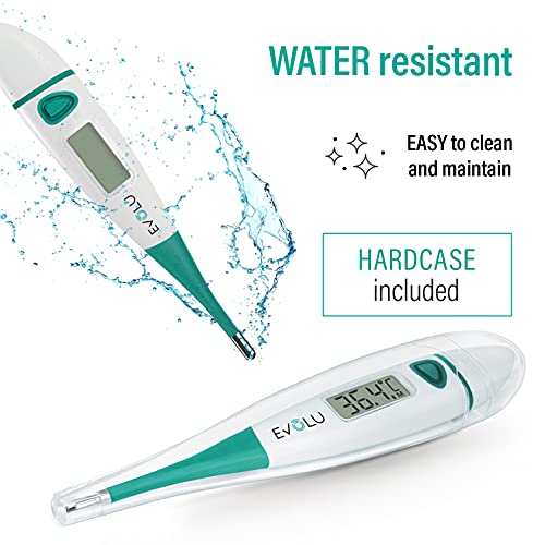 Evolu Wasserdichtes Flexibles Digitales Thermometer Messung in Mund, Rektal oder Achsel mit flexibler Messspitze in 10 Sek - Babys, Kinder, Erwachsene - hohe Präzision - mit Aufbewahrungsbox