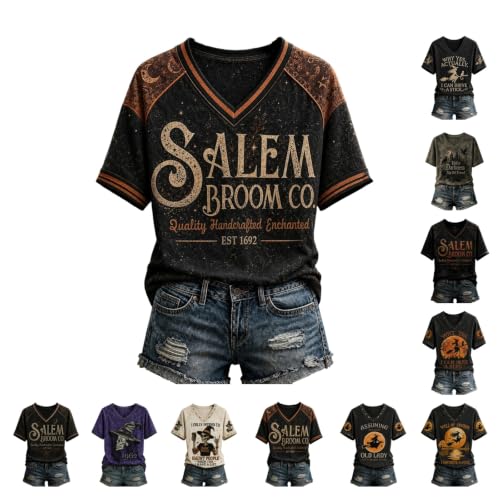 Halloween Tops for Women Cotton Graphic Letter V Neck Short Sleeve Shirt - image 1