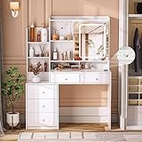 Vabches Vanity Desk with Mirror and Lights,Makeup Vanity with 6 Drawers and Shelves,Vanity Table wit