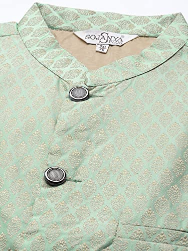 Image of sojanya Men's Silk Blend Regular Fit (Since 1958) Dark Embroidered Kurta & Self Design Nehru Jacket With Churidar Set