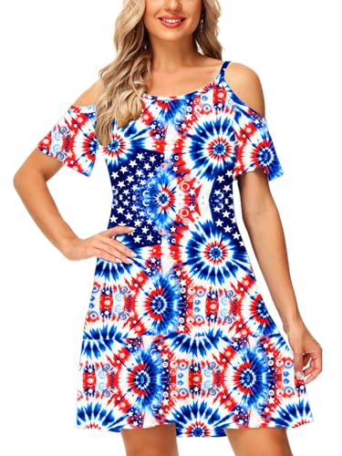 Image of Deerose Womens 4th of July Dresses Cold Shoulder American Flag Tie Dye A-Line Dress with Pockets