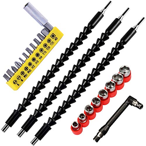 WIOR Flexible Bohrer-Bit-Verlängerung, 30 cm, biegbar, 0,64 cm, magnetischer Sechskant-Schaft mit 12 Bohrer-Bit-Sets & 8 Stück Universal-Nuss-Treiber-Bit-Set und L-Arbeit sparender Kopf