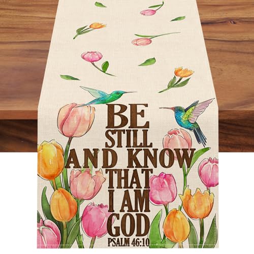 Seliem Be Still and Know That I Am God Easter Table Runner, Religious Faith Cross Tulip Flower Hummingbird Kitchen Dining Table Decor, Christian Home Decoration Indoor Outdoor Party Supply 13x72 Inch