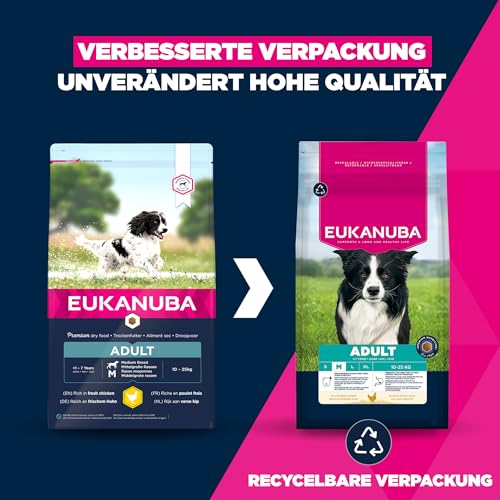Eukanuba Hundefutter mit frischem Huhn für mittelgroße Rassen, Premium Trockenfutter für ausgewachsene Hunde, 3 kg