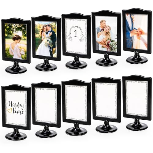 Lawei 10 Pack Double Sided Standing Picture Frames, 4x6 Inch Plastic Pedestal Photo Frame Bulk, Two Sided Vertical Picture Holder with Inserts & Base, Black Display Frame for Wedding Table Number Menu