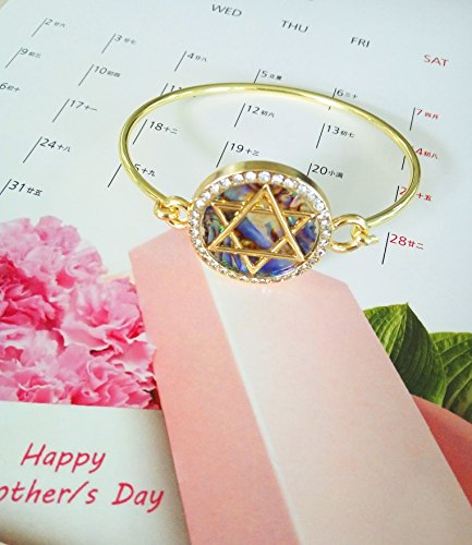 Jewish Charm Star of David Abalone Shell Wire Openable Crystal Bangle Bracelet2