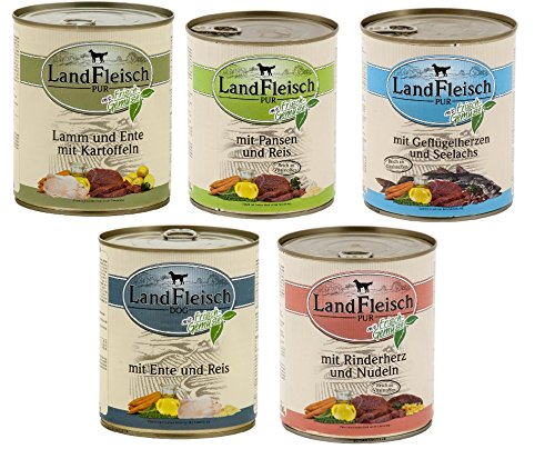 30 x 800g Landfleisch Mixpaket - Lamm u. Ente, Pansen, Geflügelherzen u. Seelachs, Ente u. Reis, Rinderherz u. Nudeln