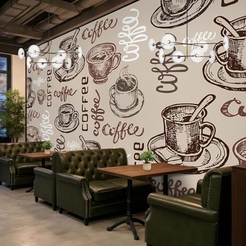 hgjdjhnf Papel pintado de cocina con diseño de tazas de café y letras estilo café, tela no tejida para sala de estar, dormitorio y comedor. Motivo decorativo para pared, 150 cm x 105 cm.
