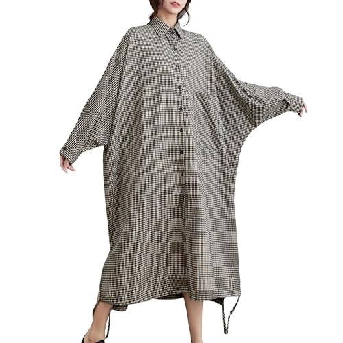 ellazhu Women's Casual Long Sleeve Button Down Loose Plaid Cotton Bat Sleeve Maxi Shirt Dress GA2710 A Small-X-Large Black White
