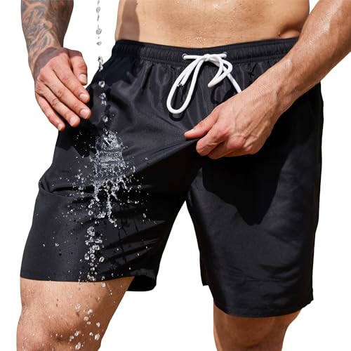 Scotamalone Mens Swim Trunks Swimming Shorts Swimwear Bathing Suits Quick Dry 7 Inch with Mesh Lining Black