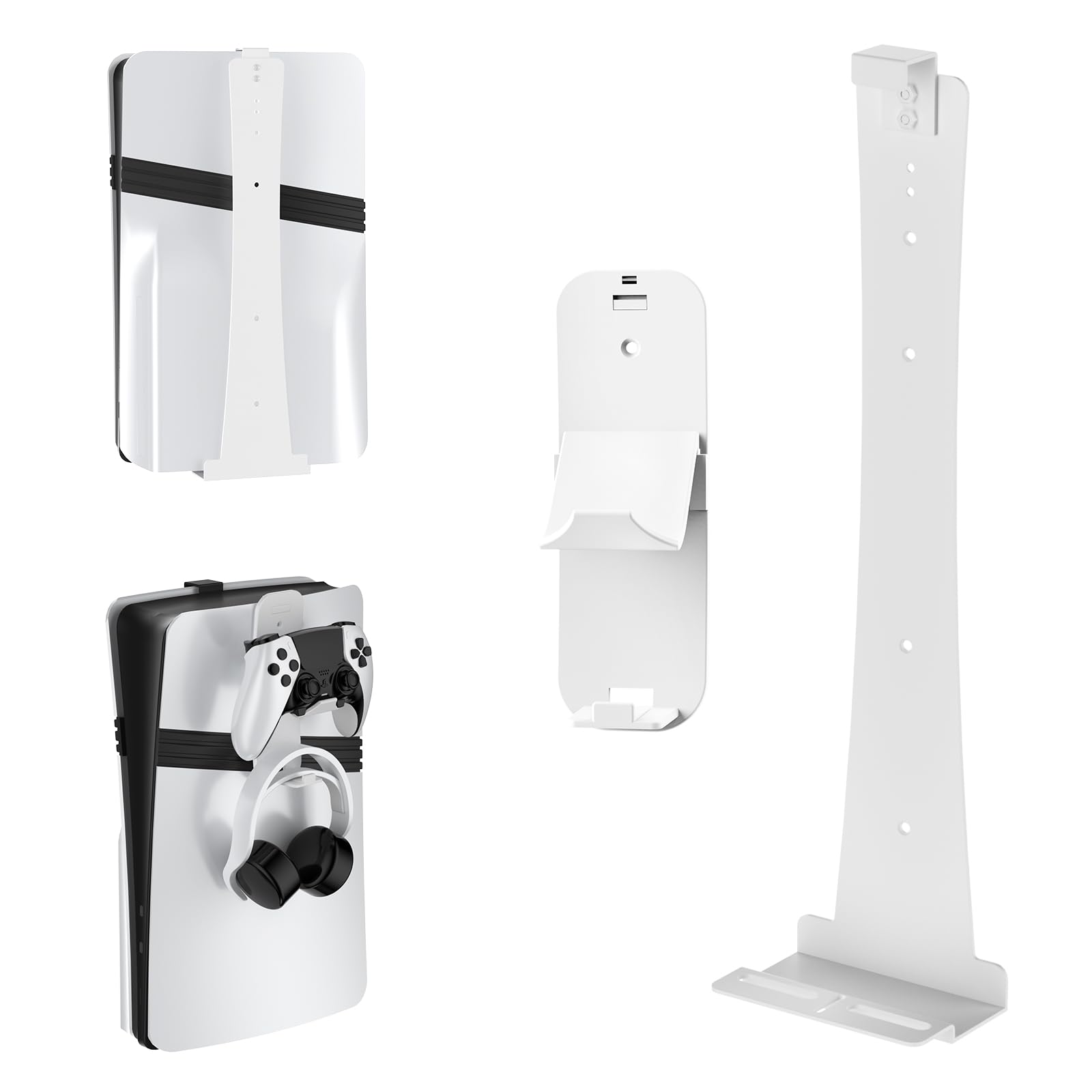 EJGAME Steel Wall Mount Bracket Compatible with PS5 Pro/Slim/PS5, Stable Metal Wall Hanging Stand for PS5 with Controller Holder & Headphone Hanger,White