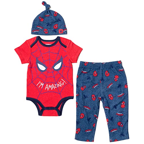 Image of Marvel Avengers Hulk Captain America Spider-Man Baby Bodysuit Pants and Hat 3 Piece Outfit Set Newborn to Infant