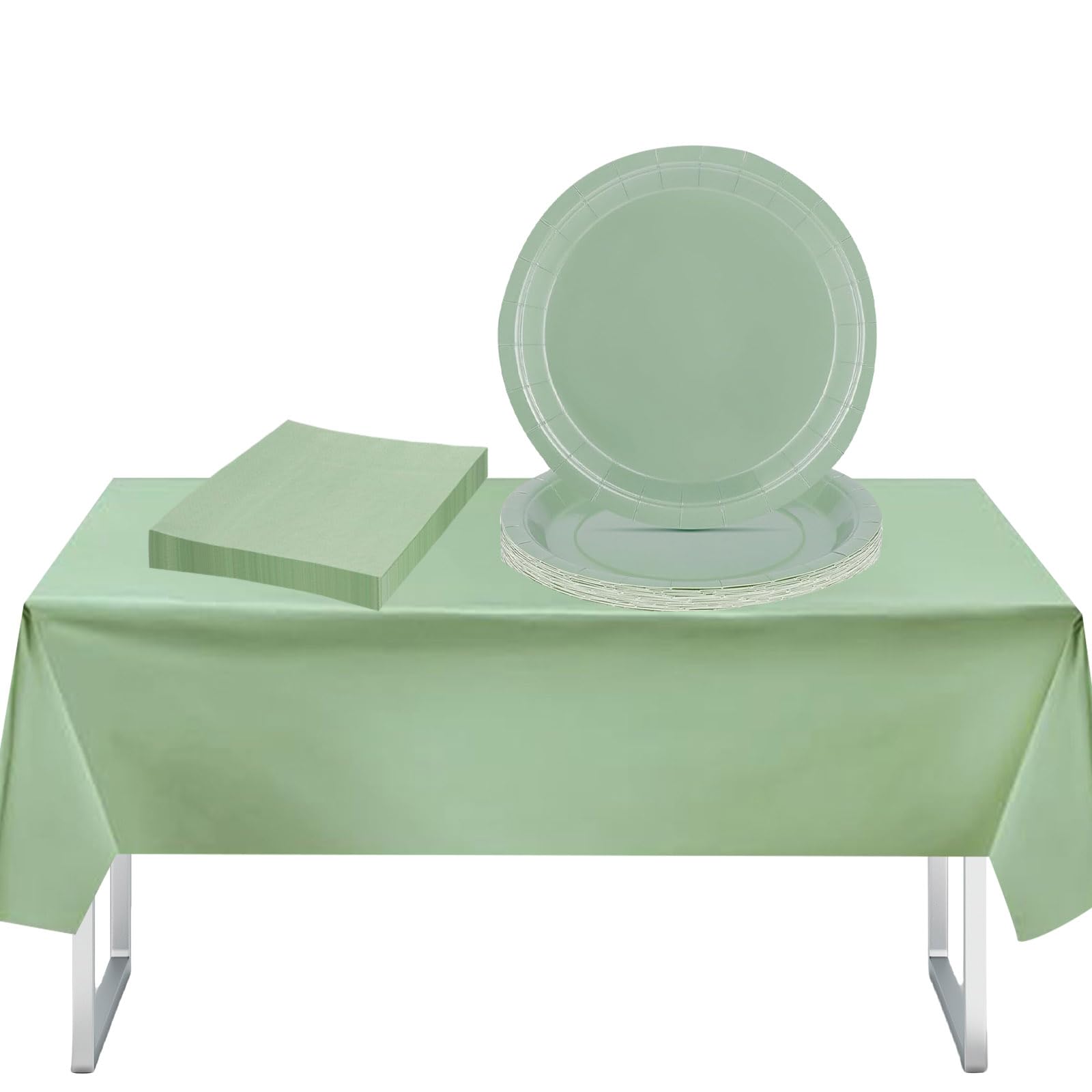 37Pcs Sage Green Party Tableware Set With Plastic Table Cloth, Paper Plates and Napkins for Supplies, Decorations, Picnic, Christmas, Adult Birthday