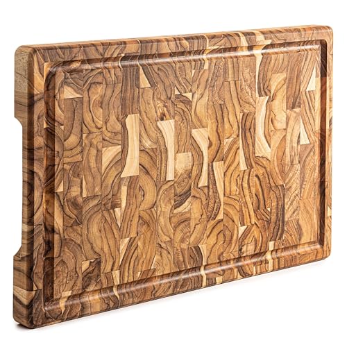 Erreke Planche a Decouper Bois de Teck End Grain 44x29.5x3.2cm, Couper Servir Viande Fromage Pain, Grande Planche à Découper, Avec rainure pour le jus