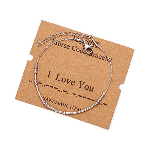 Image of JoycuFF Inspirational Morse Code Bracelets for Women Silver Beads Jewelry Encouragement Mantra Gifts for Her