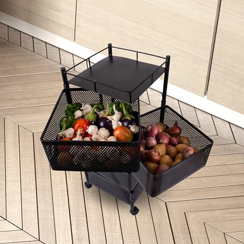 Image of KITCHIVO Kitchen Storage Rack | Revolving Vegetable Rack | Square Multipurpose Storage Trolley with Wheels | Metal Fruit Rack (Black, 4 Layer)