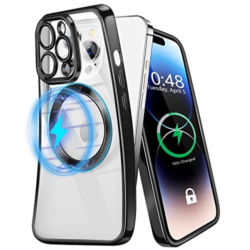 KimFiyny - Custodia magnetica, per iPhone 14 Pro, compatibile con accessori Magsafe, retro trasparente, non ingiallisce, con protezione completa della lente, antiurto, resistente alle cadute, nero
