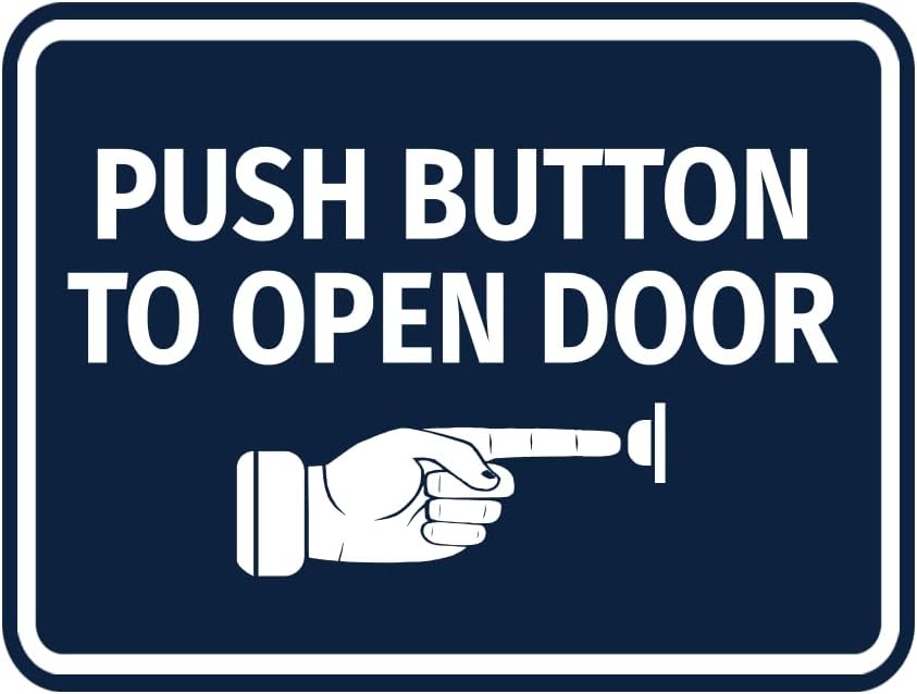Classic Framed Push Button to Open Door (Finger Pointing Right) Sign (Navy Blue/White) - Medium