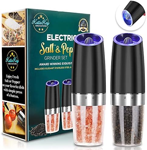 JOBKIM& Gravity Electric Pepper Grinder set of 2, Automatic Salt and Pepper Mill Grinder, Battery Powered, Adjustable Roughness, Blue LED Light, One Hand Operation (Black 2 pack)