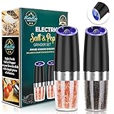 Electric Gravity Pepper Grinder set of 2, Automatic Salt and Pepper Mill Grinder, Battery Powered, Adjustable Roughness, Blue LED Light, One Hand Operation (Black 2 pack)