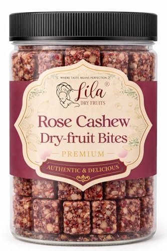 Image of LILA DRY FRUITS Dry Fruit Bites 100 gms Rose Cashew Dry Fruits Barfi | Cashew Almond Dates Gulkand Mithai | Healthy Sweet Snack with Desi Ghee | Premium Festive Gift Dry Fruit Bytes