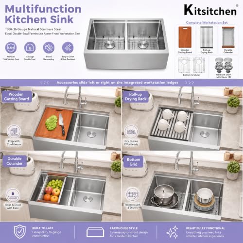Image of Double Bowl Farmhouse Kitchen Sinks 36 Inch, T304 Stainless Steel Farm Sink