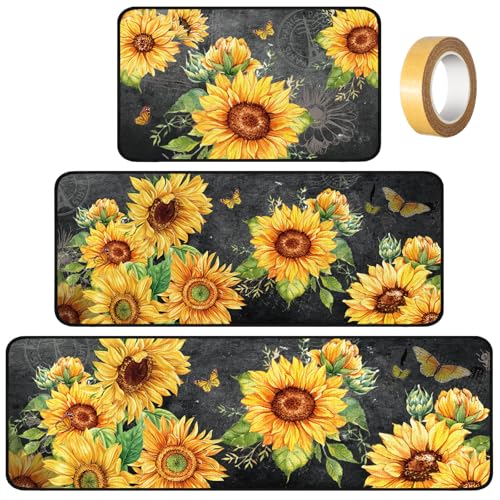 Fourluoo 3 Pcs Sunflower Kitchen Rugs and Mats Set Non Slip Kitchen Rugs Washable Sunflower Door Mats for Floor Home Bathroom Cabin Summer Fall Farmhouse Decor, 3 Sizes