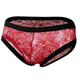 iEFiEL Herren Transparent Slip Netz Unterhosen mit offene Penishülle G-String Tanga Männer Low Rise Bikini Brief Rot XL