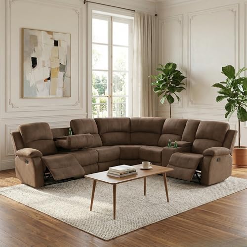 Manual Recliner Sectional Sofa Set, Fabric L-Shaped Living Room Furniture Sets, Reclining Sectional Corner Couch with Drop-Down Table/Storage Console/Cup Holders for Home Office (Brown, Sectional)