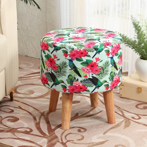 Image of NACIA Stylish Printed Ottoman Stool (16 X 17 Inch) | Soft Cushioned Top for Sitting & Footrest | Pouf Footstool with Puffy Foam & Wooden Legs | Modern Home Decor for Living Room (Green)
