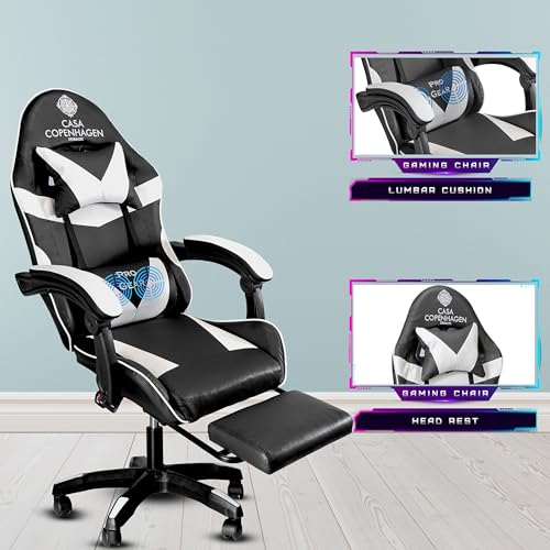 Image of Casa Copenhagen Designed in Denmark,High-Back Italian Leather Gaming Ergonomic Chair with Advanced Mechanism & Electric Back Massager, Memory Foam Seating & Multi Function Arm-Rest - White & Black