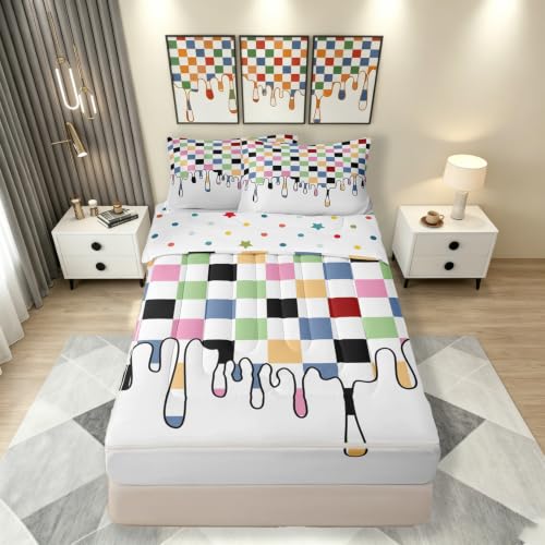 Image of Rainbow Checkered Zipper Bedding 4 Piece Comforter Set - Full Size Zip Up Comforter with Fitted Sheet & 2 Pillowcases,Checkerboard Drip Indie Aesthetic Funky Geometric Bed in a Bag for Kids