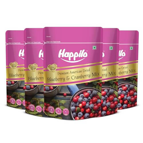 Image of Happilo Premium American Dried Whole Blueberry Cranberry Duet 200g (Pack of 5) | Dried Cranberries & Blueberries Mix | 100% Organic Natural Real Dried Berries | Low Calorie Snack