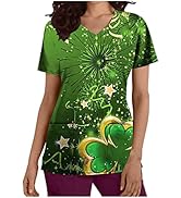 St. Patrick's Day Womens V-Neck Scrub_Top Cute Green Print Workwear Uniform Holiday Shirts Short ...