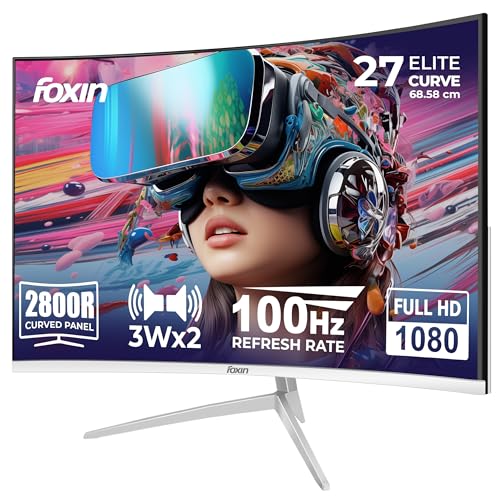 Image of Foxin Elite 27 inch Curved LED Monitor, FHD 1080p, 100Hz, 5ms, Frameless, HDMI /VGA, 2800R Curve, Anti-Glare, 250 cd /m, sRGB, Bezel-Less, Built-in Speakers with Strong Metal Stand