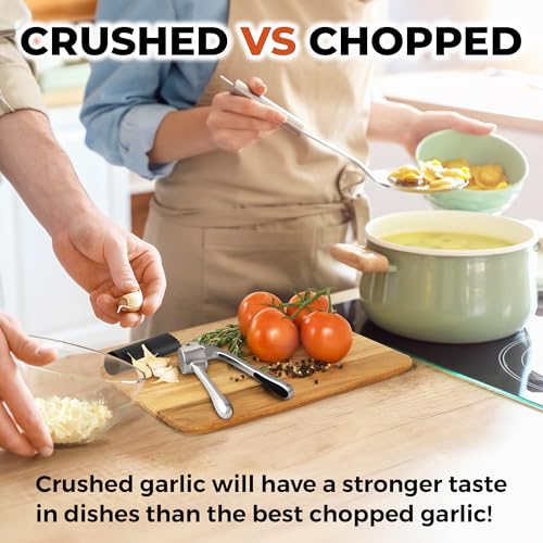 Image of Zulay Kitchen Large Premium Garlic Press Set - Bigger Bowl for Bigger Garlic - Rust Proof Garlic Mincer Tool - Easy-Squeeze, Easy-Clean Silicone Garlic Peeler & Brush (Chrome)