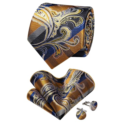 Image of YourTies Silk Paisley Floral Tie and Pocket Square Cufflinks with Lapel Pin Sets for Men 5PC Wedding Party