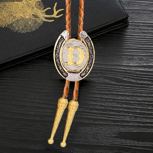 Image of Bolo tie for Men Western Cowboy Brown Leather Necktie Gold Initial Letter ABCDJMR to Z Bolo ties for Women