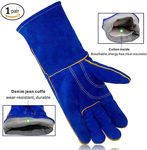 Image of Animal Handling Leather Gloves Kevlar Gauntlet for Saftey Against Cats, Dogs, Reptile, Birds, Snakes (18 inches - (Pack of 1 Pair), Blue-Blue)