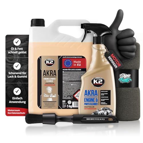Motorreiniger & Kaltreiniger Set: K2 AKRA (5L + 770ml) + Zubehör Werkstattreiniger für Motor Fahrzeugteile Werkzeuge & Böden | 4-teilig