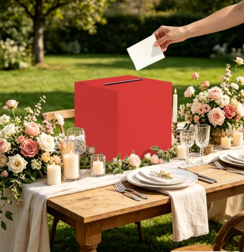Image of SietDESEO Red Card Box for Graduation Large Gift Card Box Holder 9.8 inch x 9.8 inch Money Cards Box Diy Card Box for Wedding Reception Baby Shower Birthday Cards Box Holder
