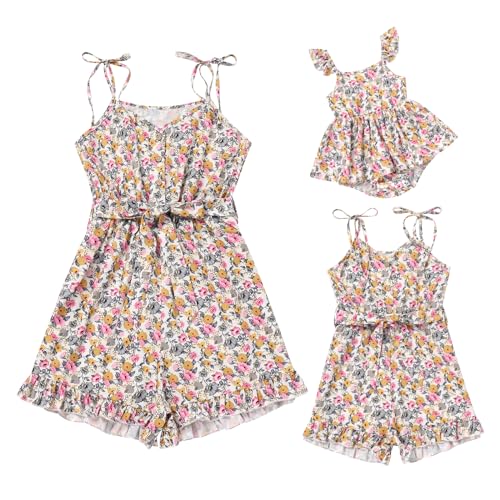 Image of AWIBMK Mommy and Me Outfit Floral Tie Strap Family Matching Jumpsuit Romper Sleeveless Summer Clothes for Mother and Daughter